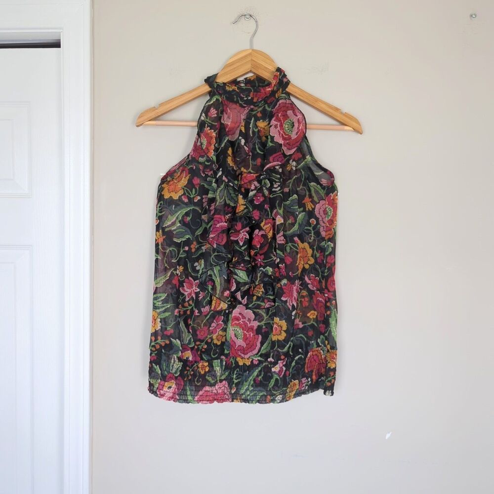 Wet Seal Y2K Floral Ruffle Smocked Hem Sleeveless Top Dark Floral Fairy Grunge
